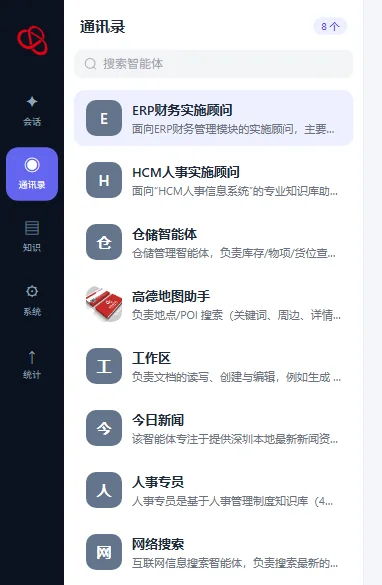 平台通讯录中的数字员工团队：ERP实施顾问、HCM人事实施顾问、仓储智能体、文档助手、今日新闻、人事专员等